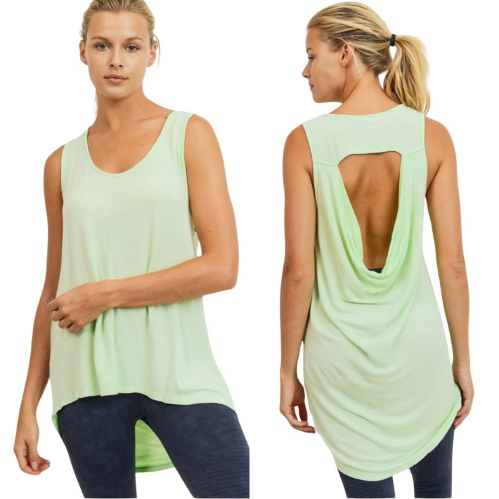 NWT Mono B Draped-Back Longline Top Sleeveless Cutout Tunic Neo Mint Green S-L
